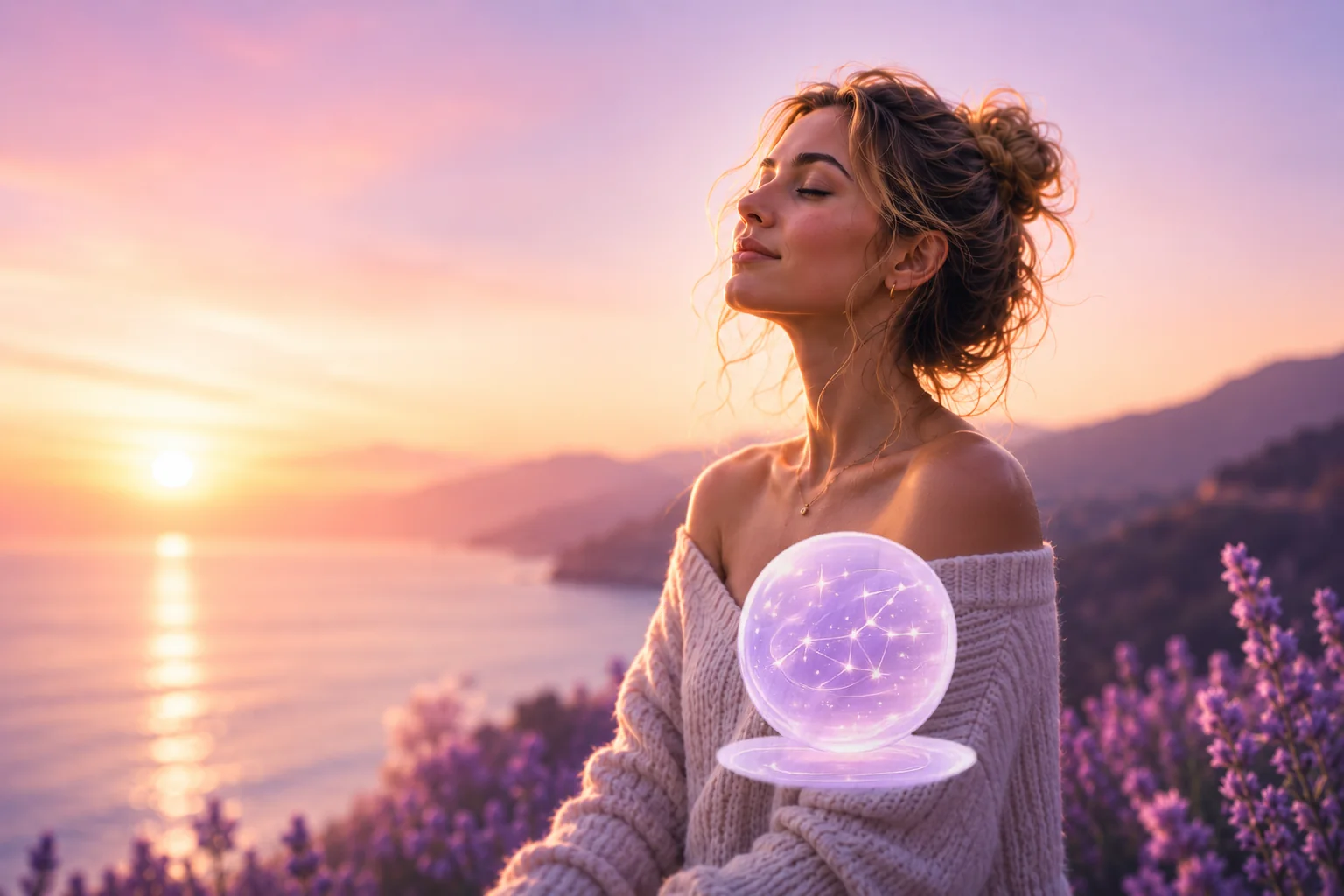 A woman at peace at sunrise, EMORA's glowing orb beside her