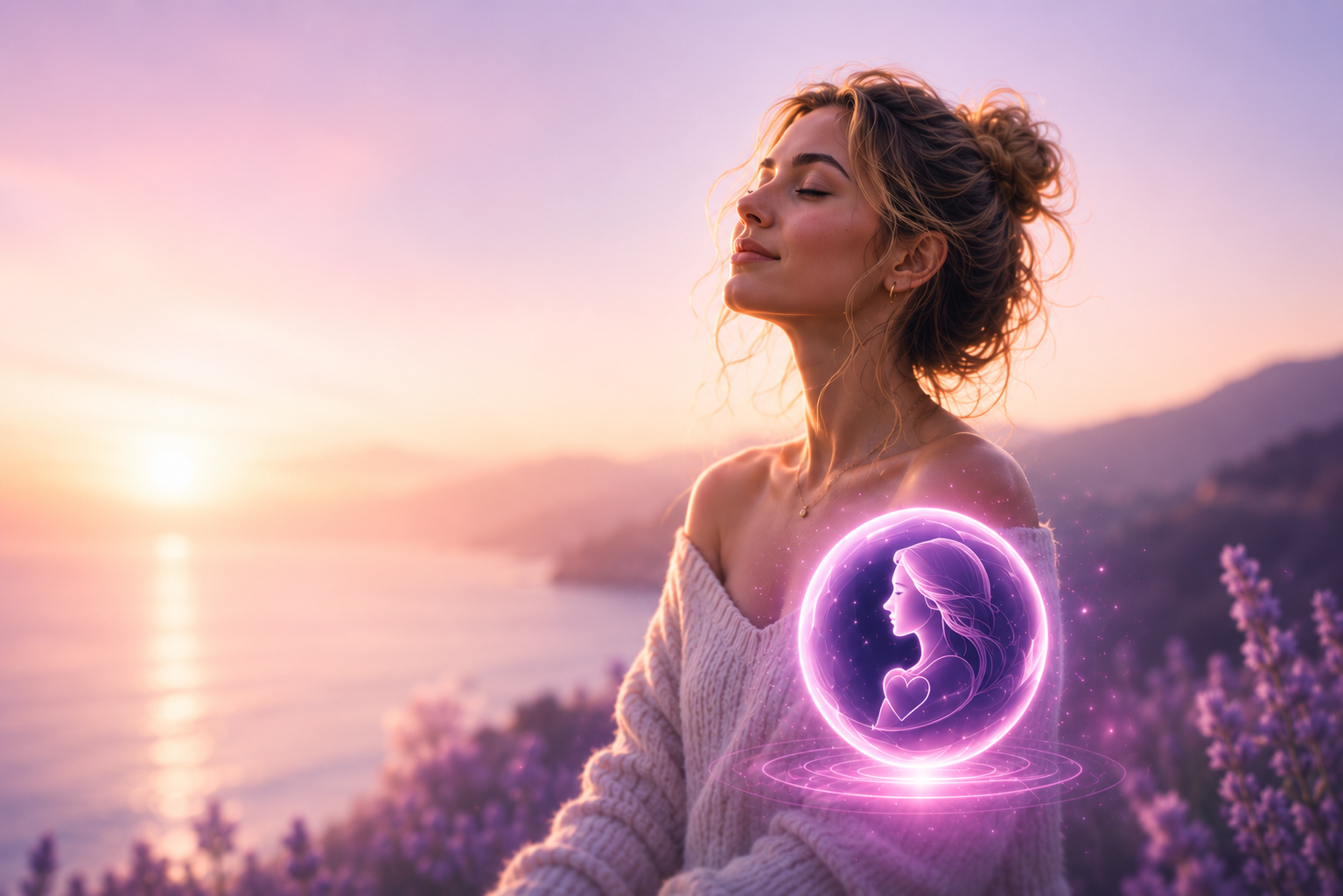 A woman at peace at sunrise, EMORA's glowing orb beside her