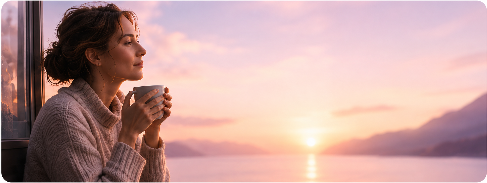A woman pausing with a warm cup at the window at sunrise
