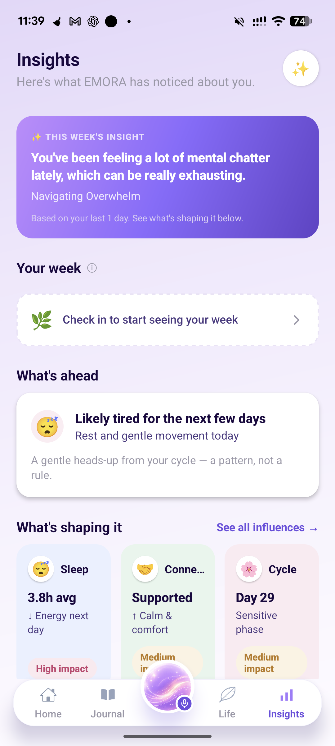 EMORA insights screen