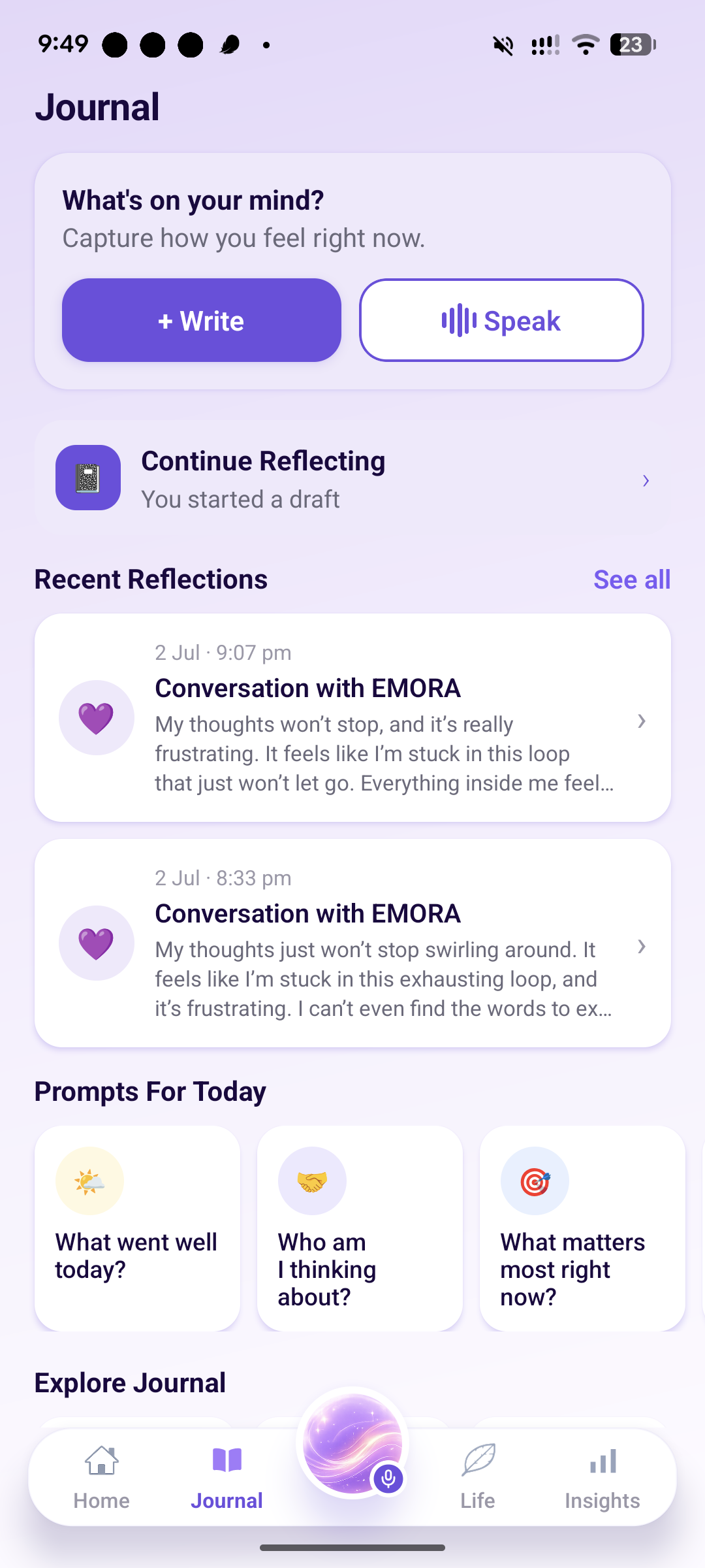 EMORA journal screen