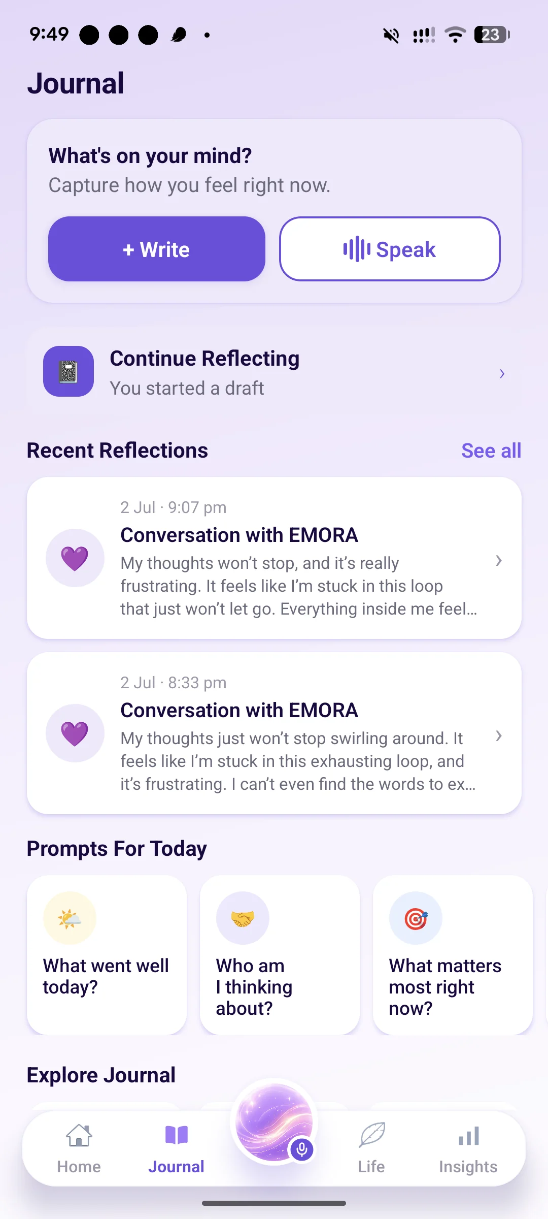 EMORA journal screen