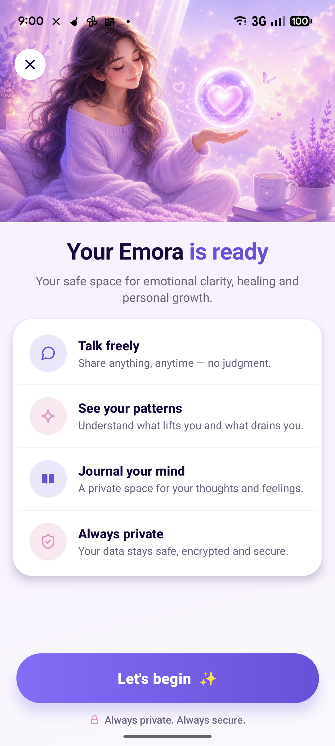 EMORA onboarding — your safe space