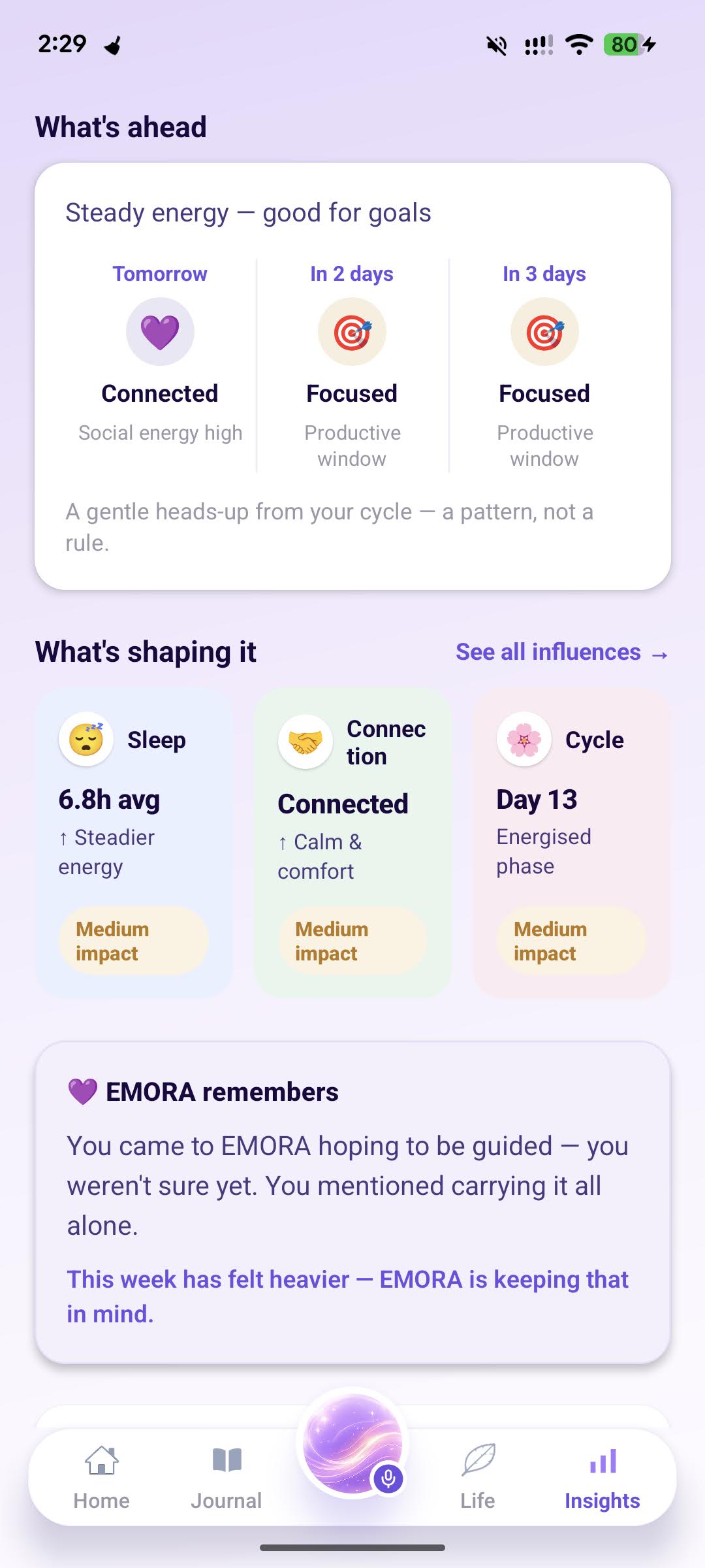 EMORA — tomorrow's forecast, the influences shaping it, and what EMORA remembers