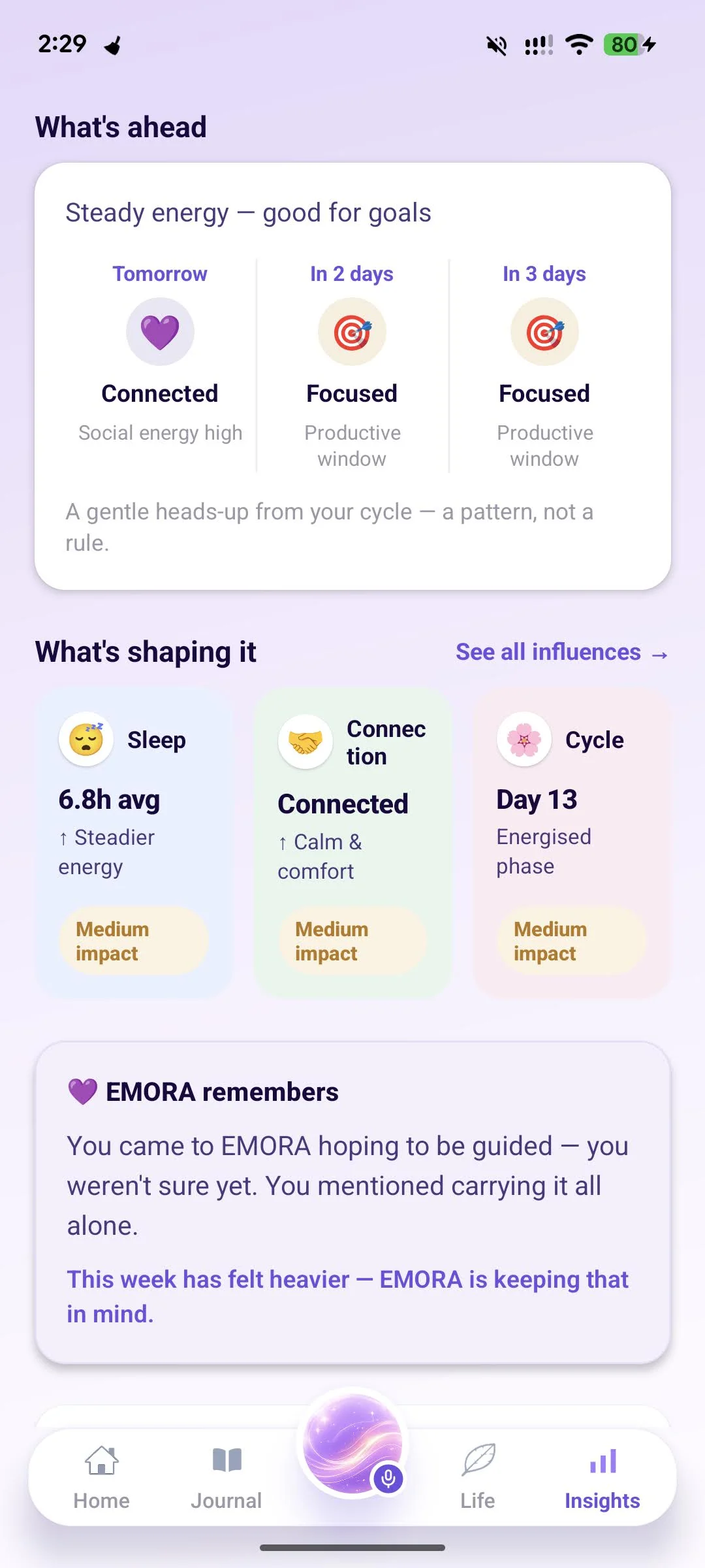 EMORA — tomorrow's forecast, the influences shaping it, and what EMORA remembers